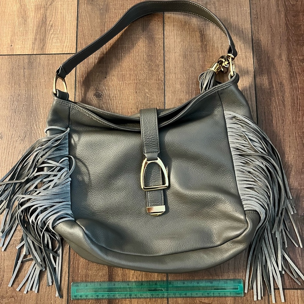 Fringe Leather Shoulder Bag - Gray